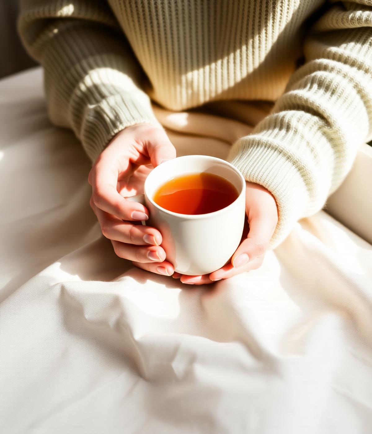 Hands holding a warm cup of tea