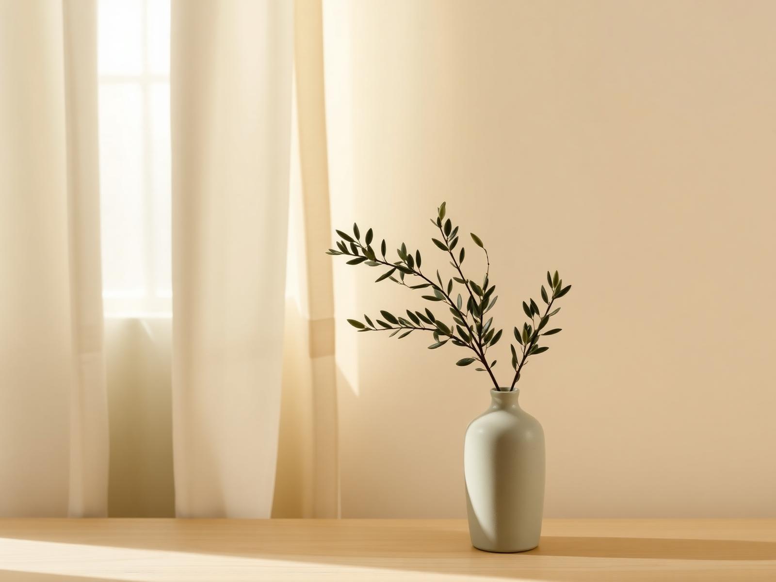 Warm morning light through linen curtains beside an olive branch